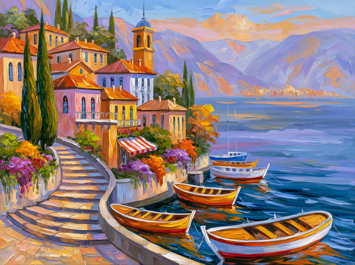 Palette-knife oil painting of Bellagio on Lake Como, pastel lakeside houses stacked above moored wooden boats with mountains in morning haze