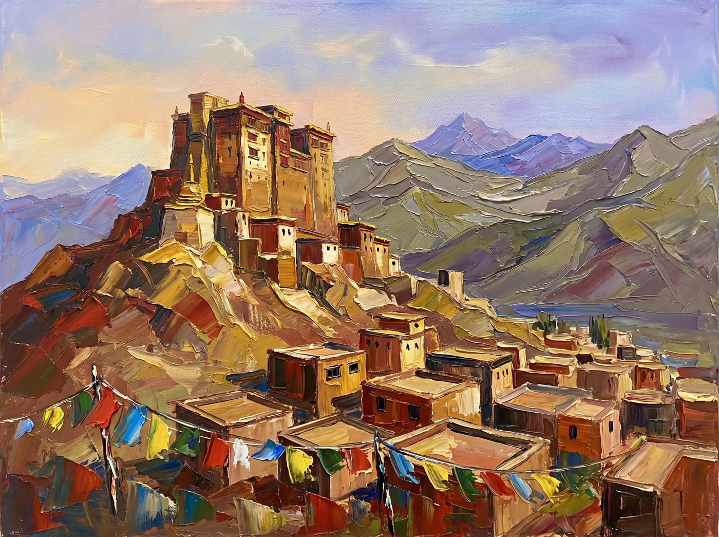 Palette-knife oil painting of Leh Palace in Ladakh, the nine-storey ochre palace on a red ridge above the earth-brown old town with colourful Tibetan prayer flags and grey mountains behind