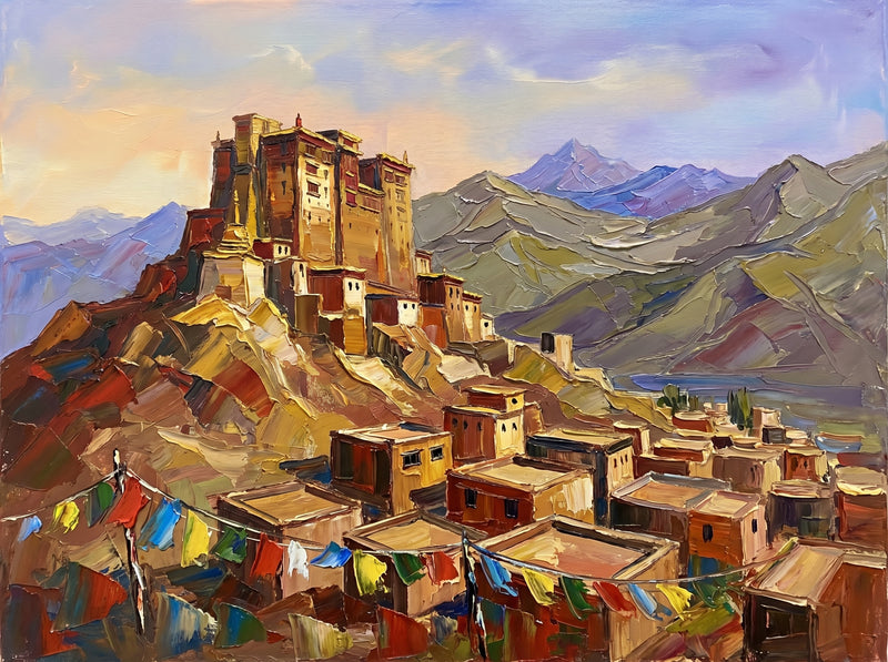 Palette-knife oil painting of Leh Palace in Ladakh, the nine-storey ochre palace on a red ridge above the earth-brown old town with colourful Tibetan prayer flags and grey mountains behind
