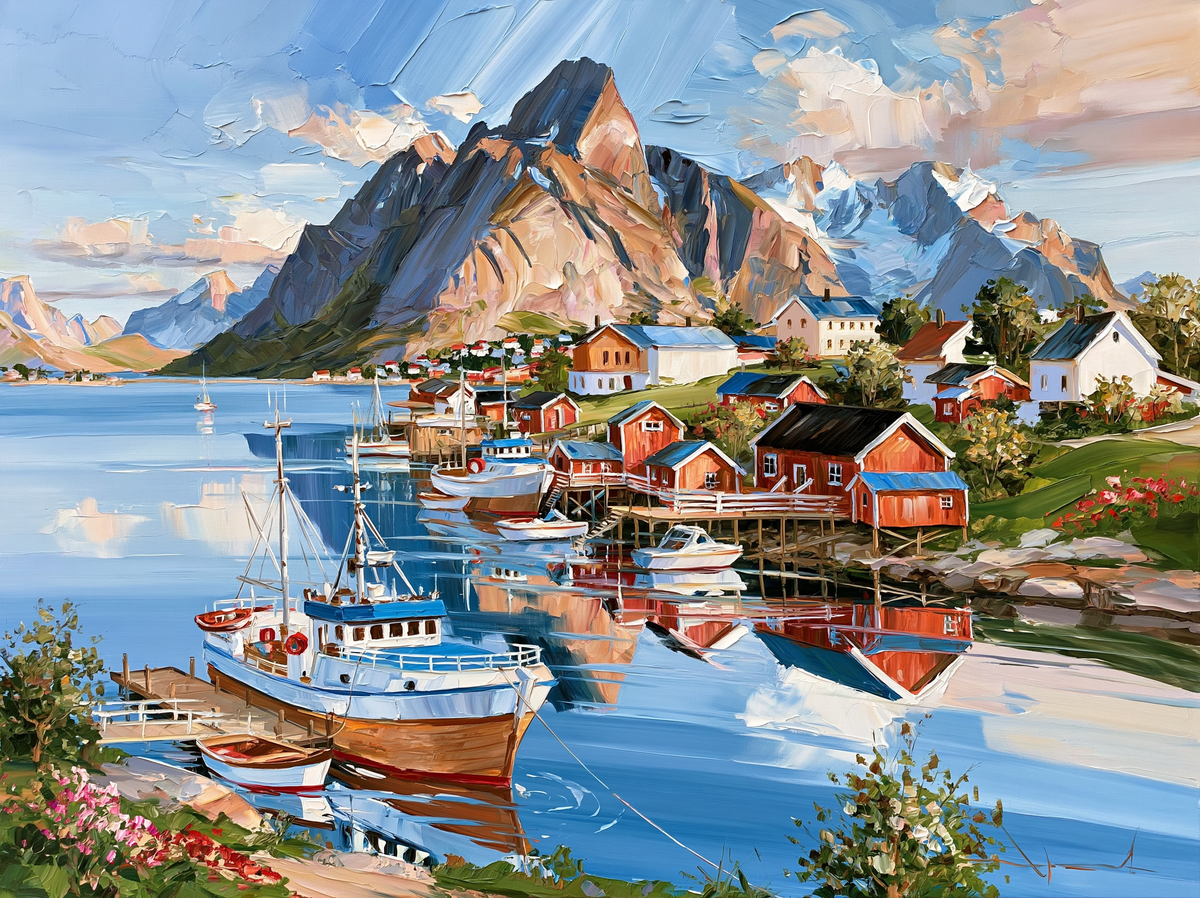 Palette-knife oil painting of red timber rorbuer cabins on stilts at the water's edge in Lofoten Norway, dark peaks behind and still fjord reflections