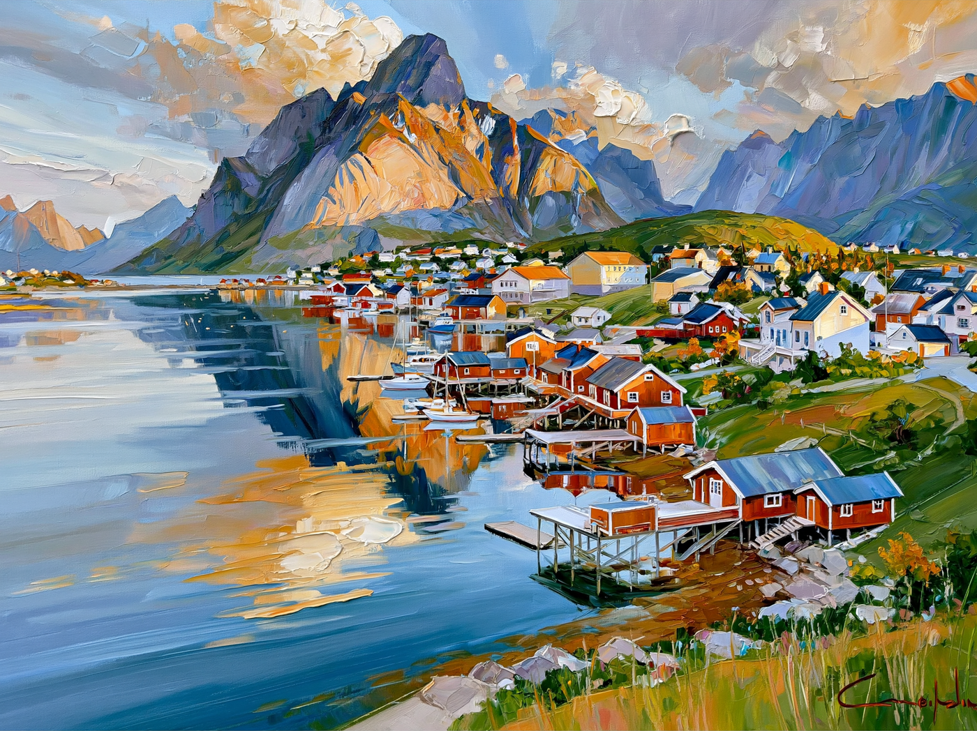 Palette-knife oil painting of red timber rorbuer cabins on stilts at the water's edge in Lofoten Norway, dark peaks behind and still fjord reflections
