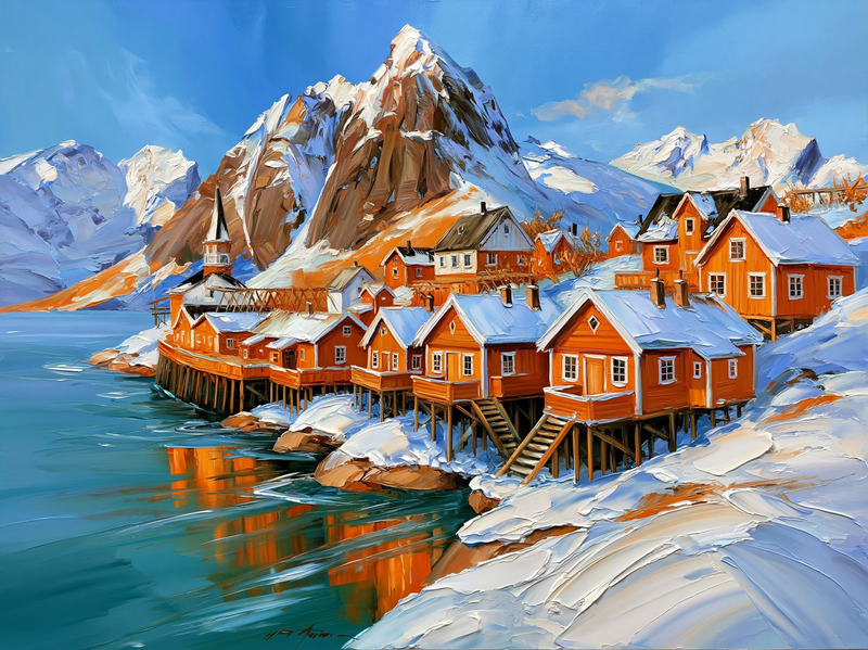 Palette-knife oil painting of red timber rorbuer cabins on stilts at the water's edge in Lofoten Norway, dark peaks behind and still fjord reflections
