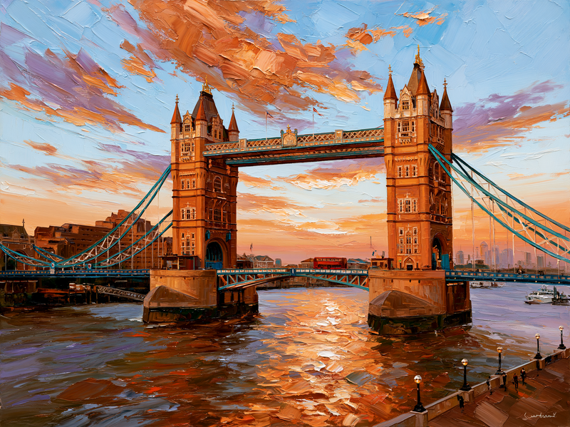 Palette-knife oil painting of Tower Bridge London half dissolved in river fog at dusk, a red bus crossing and broken lamplight on the Thames