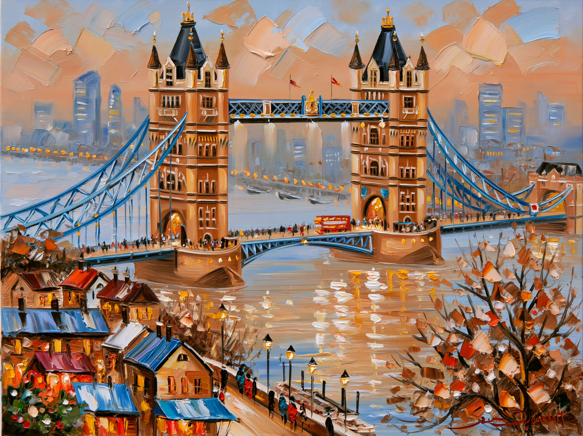 Palette-knife oil painting of Tower Bridge London half dissolved in river fog at dusk, a red bus crossing and broken lamplight on the Thames
