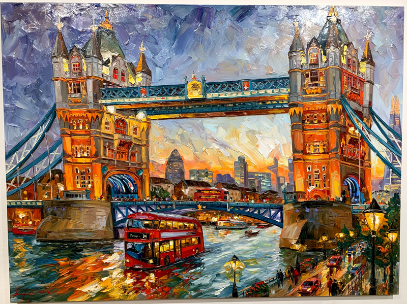 Palette-knife oil painting of Tower Bridge London half dissolved in river fog at dusk, a red bus crossing and broken lamplight on the Thames