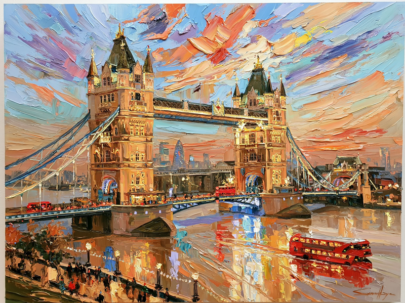 Palette-knife oil painting of Tower Bridge London half dissolved in river fog at dusk, a red bus crossing and broken lamplight on the Thames
