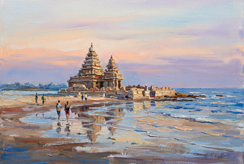 Palette-knife oil painting of the Shore Temple at Mahabalipuram at dusk, twin granite spires at the sea's edge with figures and reflections on pale wet sand under a pink-lavender sky