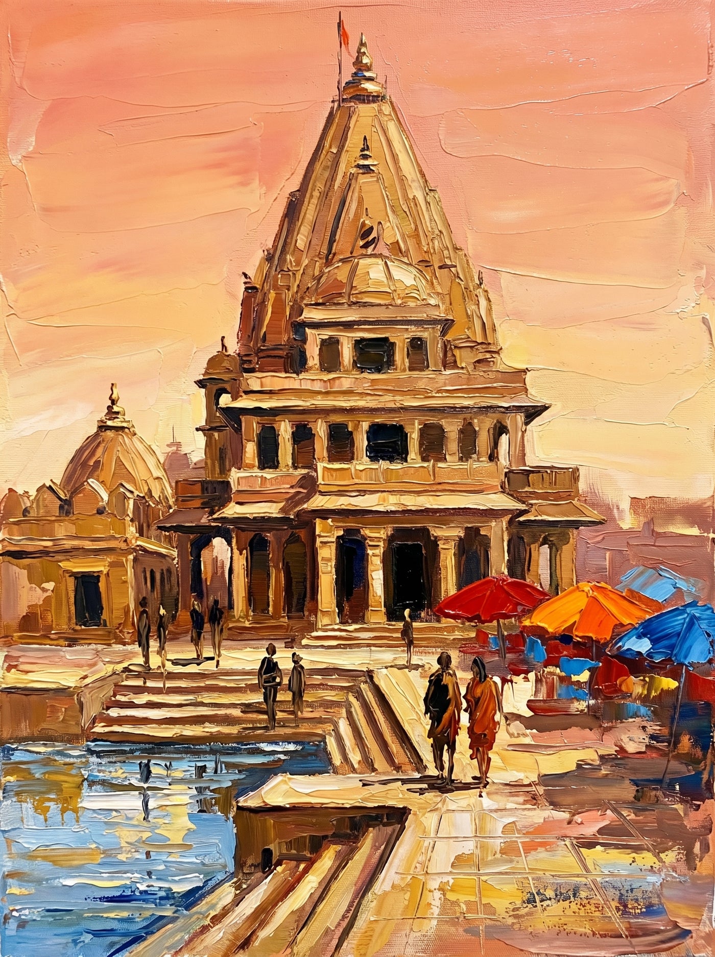 Palette-knife oil painting of the Mahakaleshwar Temple, Ujjain, its honey-ochre tiered spire over the Shipra ghats with blue water, pilgrims and bright red and orange market umbrellas