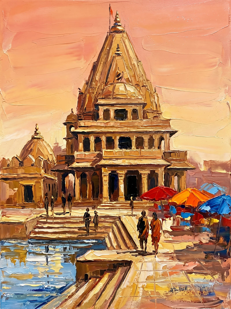 Palette-knife oil painting of the Mahakaleshwar Temple, Ujjain, its honey-ochre tiered spire over the Shipra ghats with blue water, pilgrims and bright red and orange market umbrellas
