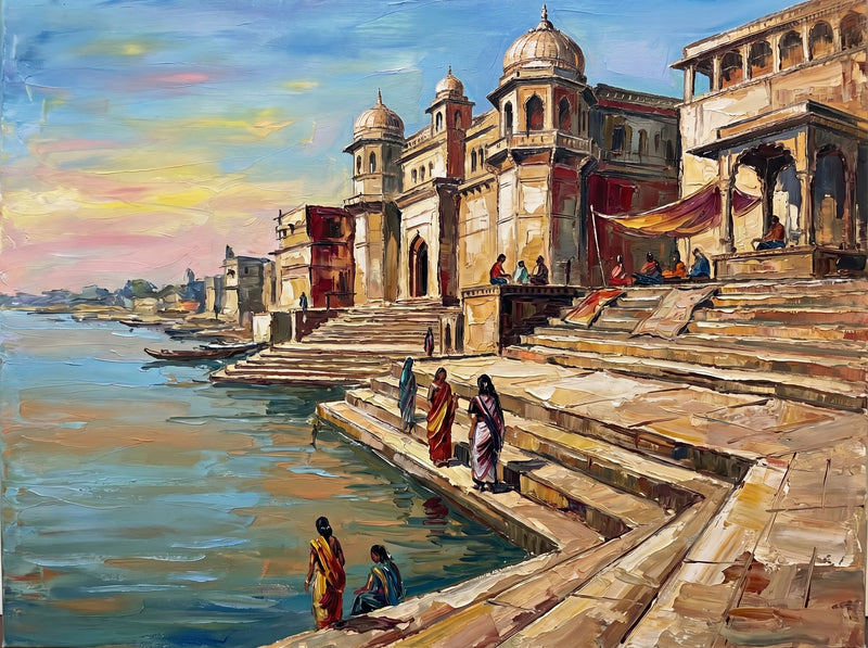 Palette-knife oil painting of Maheshwar ghats on the Narmada, the cream domed chhatris of Ahilya Fort over broad steps with women in red and yellow saris by turquoise water