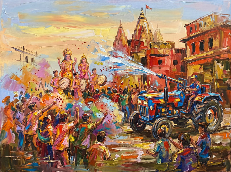 Palette-knife oil painting of Holi in Mathura, a tractor-mounted water cannon arcing over a crowd in clouds of pink and yellow gulal, Radha and Krishna on a float and red temple spires behind