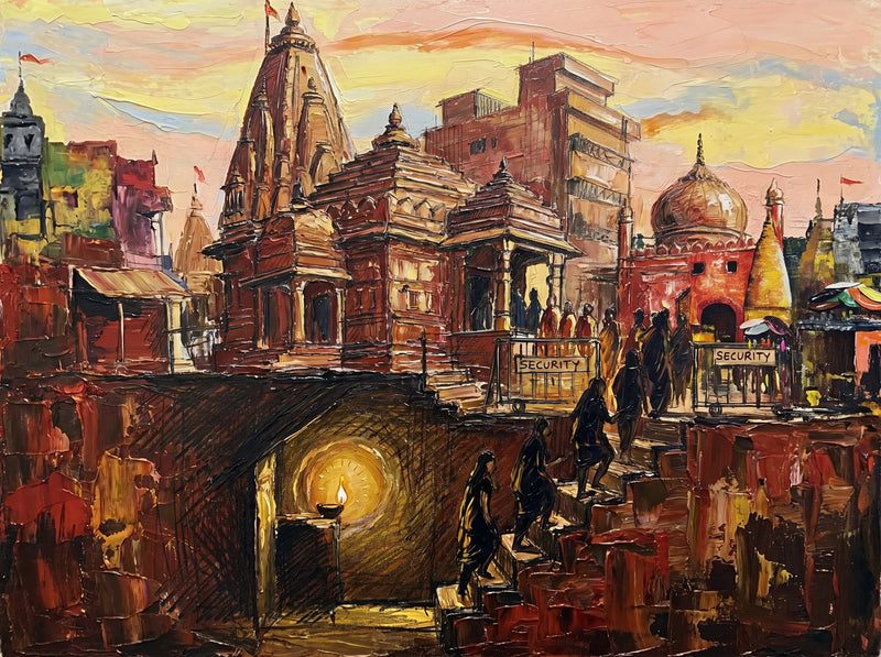 Palette-knife oil painting of Krishna Janmabhoomi Mathura at dusk, dark red temple spires and a grey dome over a security gate with robed devotees on the steps and a single lamp glowing in a black archway
