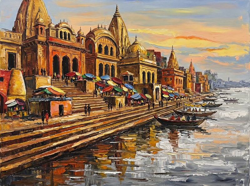Palette-knife oil painting of Vishram Ghat Mathura at sunset, a golden domed temple façade over the Yamuna steps with coloured umbrellas and a boat of pilgrims on silver-grey water