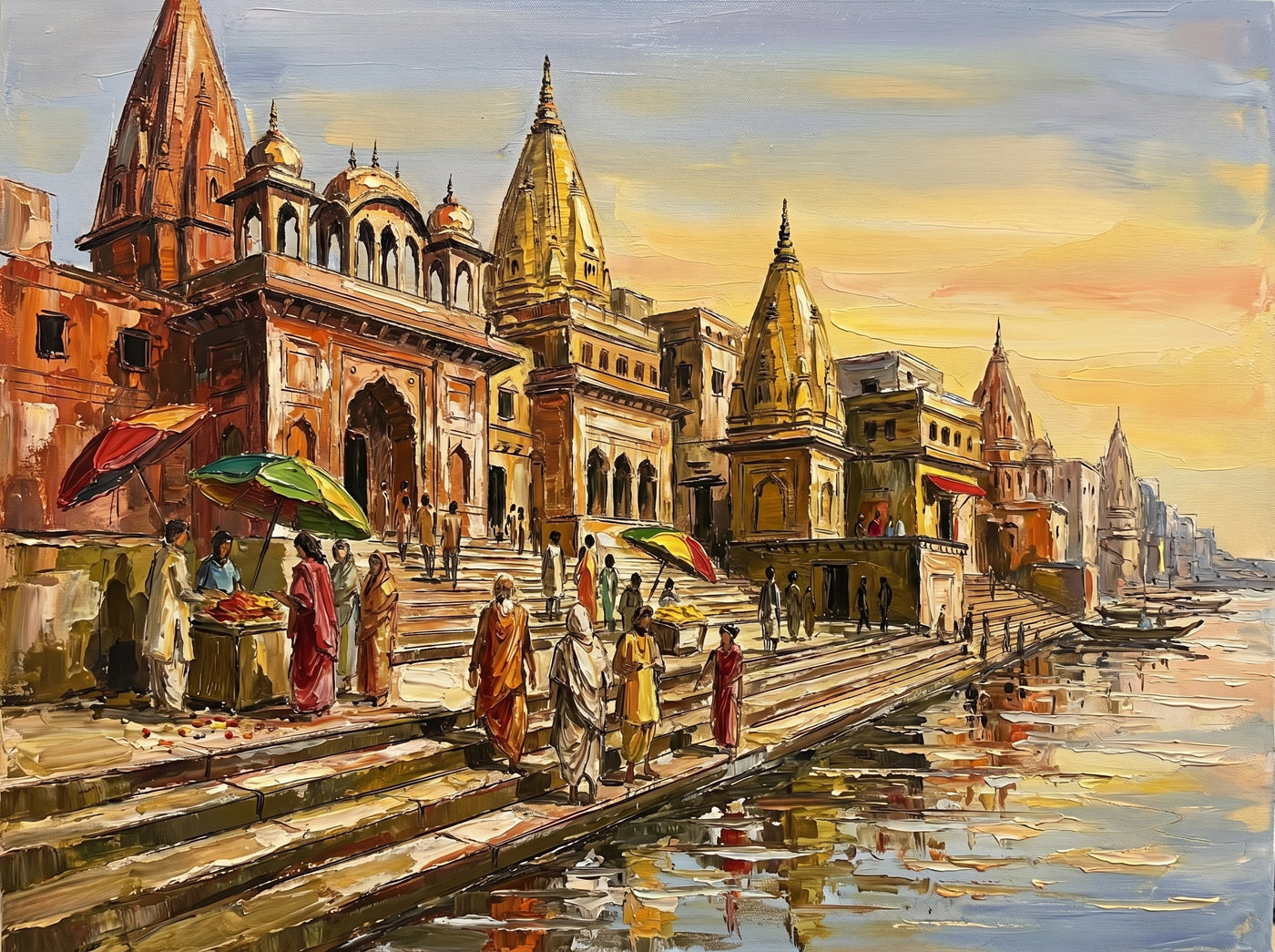 Palette-knife oil painting of Vishram Ghat Mathura, gold-domed temple spires over terracotta walls and steps with pilgrims in white and saffron and coloured umbrellas by the Yamuna