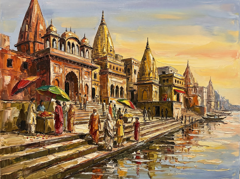 Palette-knife oil painting of Vishram Ghat Mathura, gold-domed temple spires over terracotta walls and steps with pilgrims in white and saffron and coloured umbrellas by the Yamuna