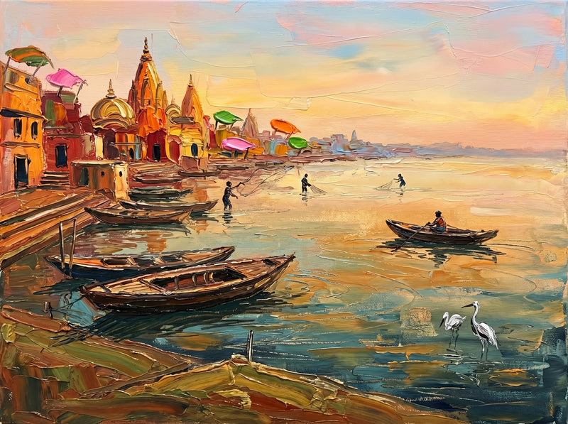 Palette-knife oil painting of the Yamuna at dawn in Mathura, moored wooden boats and wading fishermen below orange temple domes with two white egrets standing in teal-green water