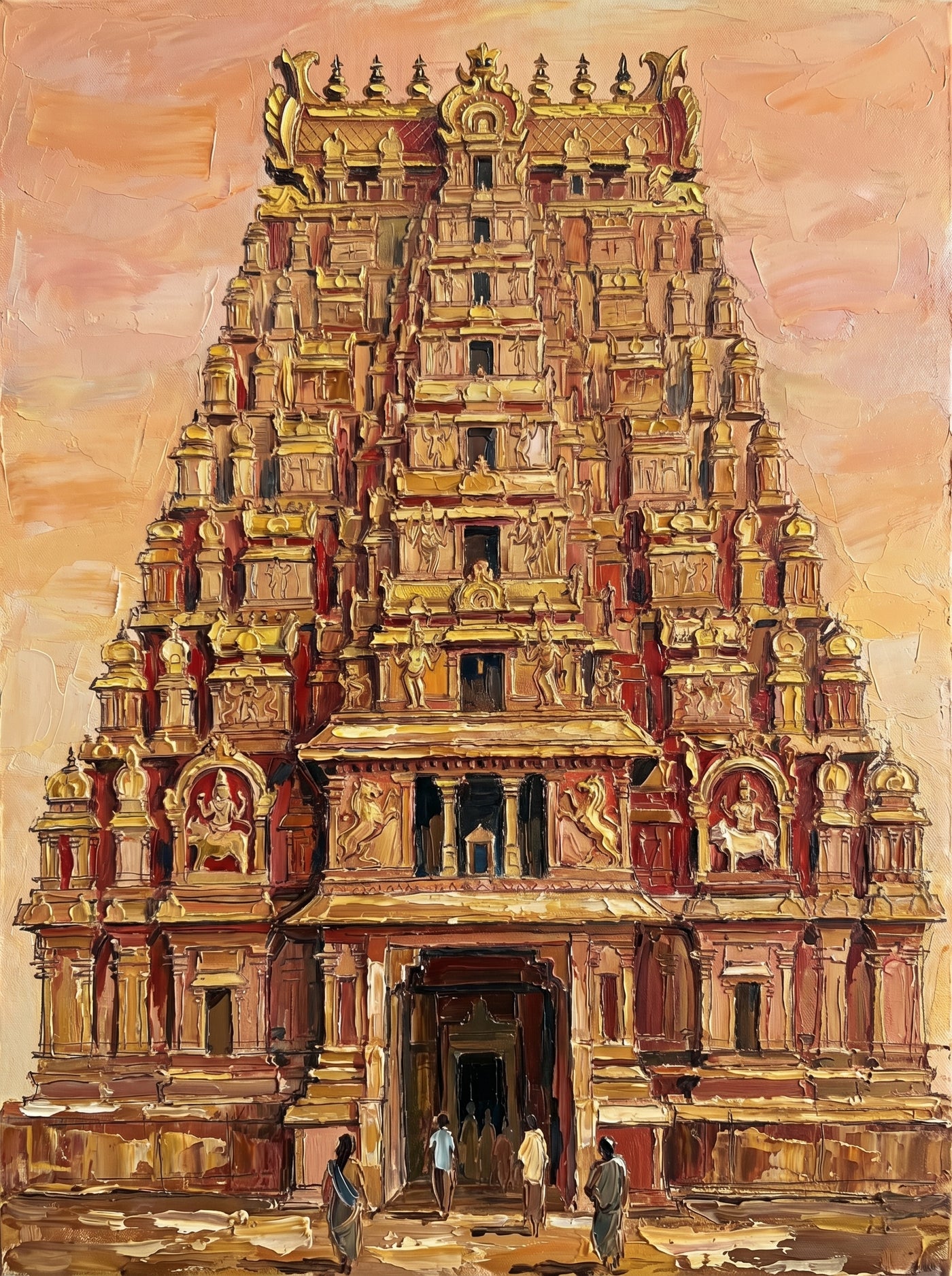 Palette-knife oil painting of a Meenakshi Temple gopuram, Madurai, the tall carved gate-tower of stacked sculpted figures glowing gold and rose against a peach sky with small figures at its base