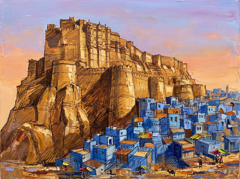 Palette-knife oil painting of Mehrangarh Fort over Jodhpur, the honey sandstone fort towering on an ochre cliff above the indigo and cobalt houses of the blue city under a peach-lilac sky