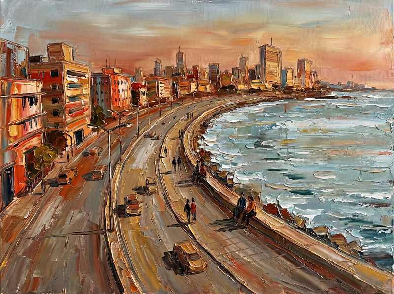Palette-knife oil painting of Mumbai Marine Drive at dusk, the curving seafront promenade and glowing skyline with the Arabian Sea breaking in choppy blue-grey on the right