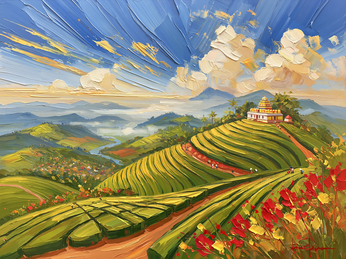 Palette-knife oil painting of the rolling emerald tea terraces of Munnar with a small white temple on a ridge and mist between the hills