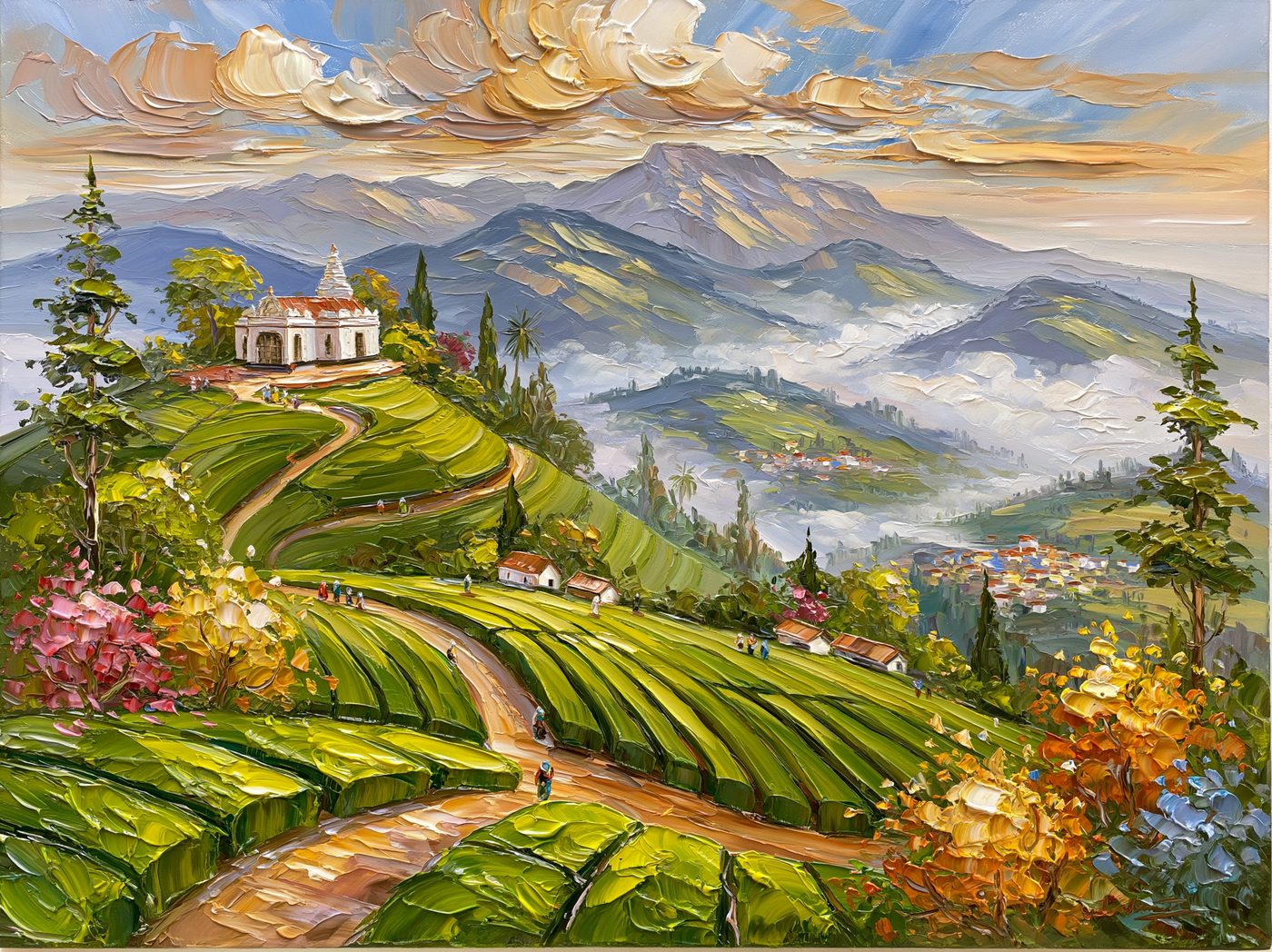 Palette-knife oil painting of the rolling emerald tea terraces of Munnar with a small white temple on a ridge and mist between the hills