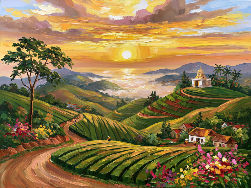 Palette-knife oil painting of the rolling emerald tea terraces of Munnar with a small white temple on a ridge and mist between the hills