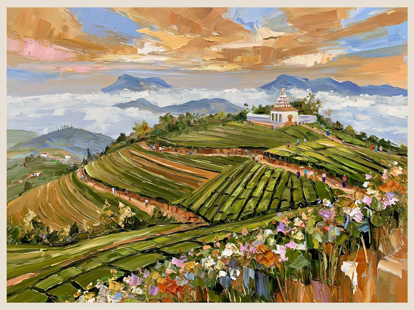 Palette-knife oil painting of the rolling emerald tea terraces of Munnar with a small white temple on a ridge and mist between the hills