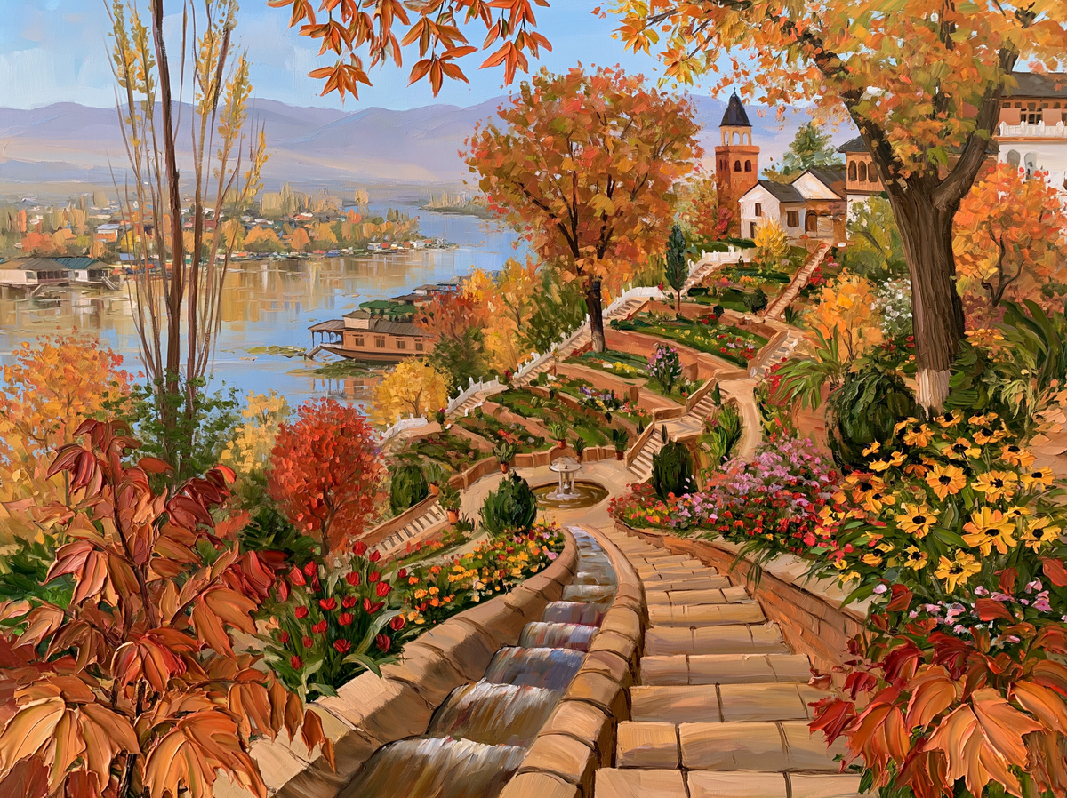 Palette-knife oil painting of the terraced Mughal garden Nishat Bagh in autumn, chinar trees in red and gold above Dal Lake