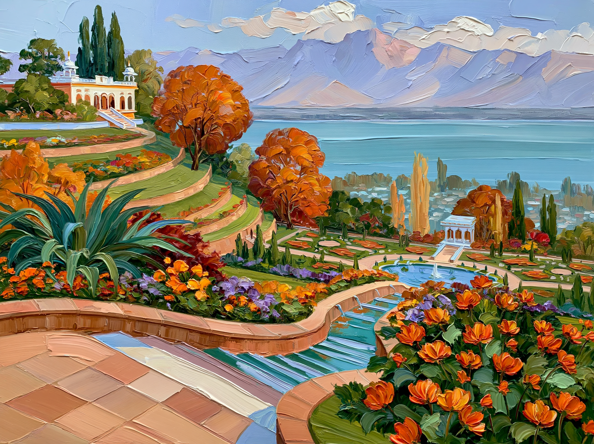 Palette-knife oil painting of the terraced Mughal garden Nishat Bagh in autumn, chinar trees in red and gold above Dal Lake