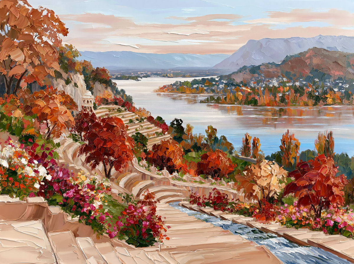 Palette-knife oil painting of the terraced Mughal garden Nishat Bagh in autumn, chinar trees in red and gold above Dal Lake
