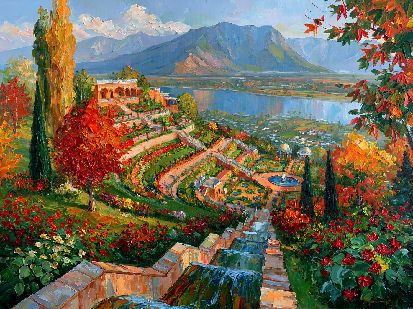 Palette-knife oil painting of the terraced Mughal garden Nishat Bagh in autumn, chinar trees in red and gold above Dal Lake