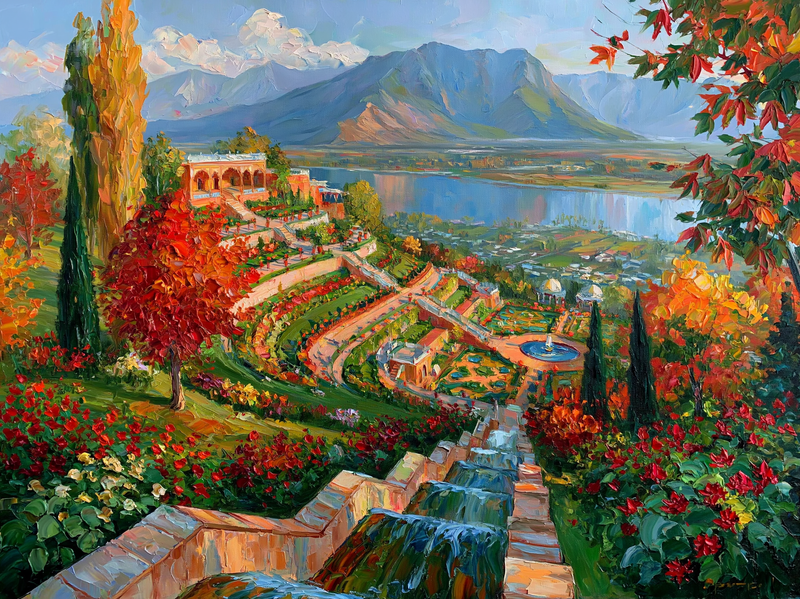 Palette-knife oil painting of the terraced Mughal garden Nishat Bagh in autumn, chinar trees in red and gold above Dal Lake