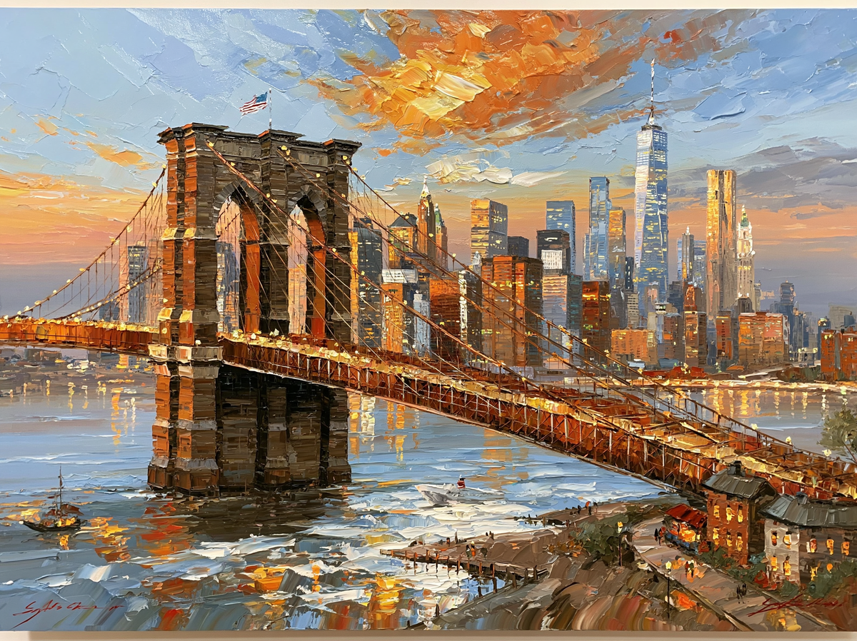 Palette-knife oil painting of the Brooklyn Bridge at dusk, stone arches and cable webs against a violet sky with the lit Manhattan skyline behind