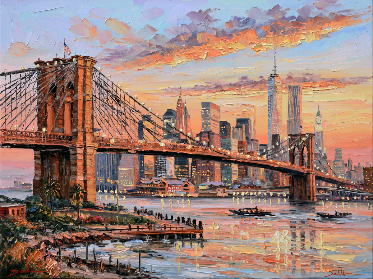 Palette-knife oil painting of the Brooklyn Bridge at dusk, stone arches and cable webs against a violet sky with the lit Manhattan skyline behind