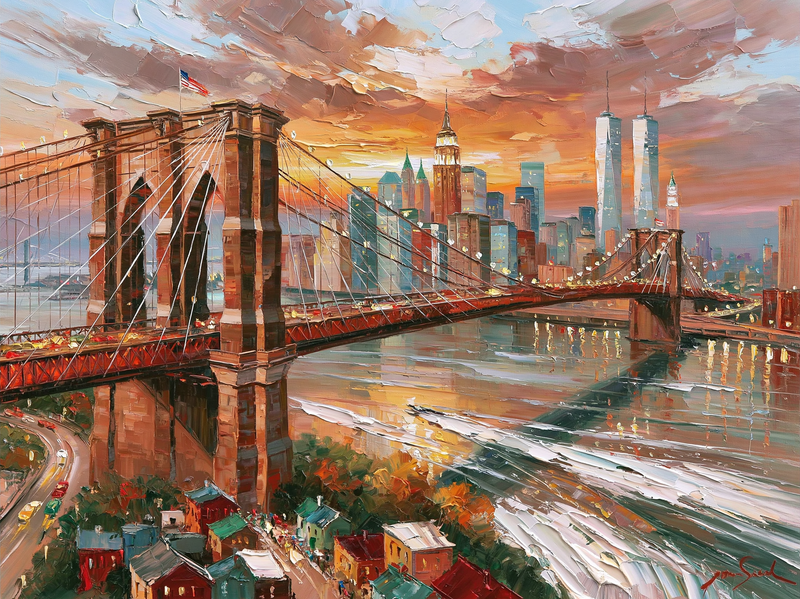 Palette-knife oil painting of the Brooklyn Bridge at dusk, stone arches and cable webs against a violet sky with the lit Manhattan skyline behind