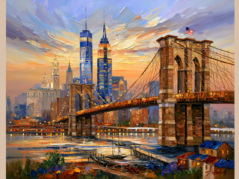 Palette-knife oil painting of the Brooklyn Bridge at dusk, stone arches and cable webs against a violet sky with the lit Manhattan skyline behind