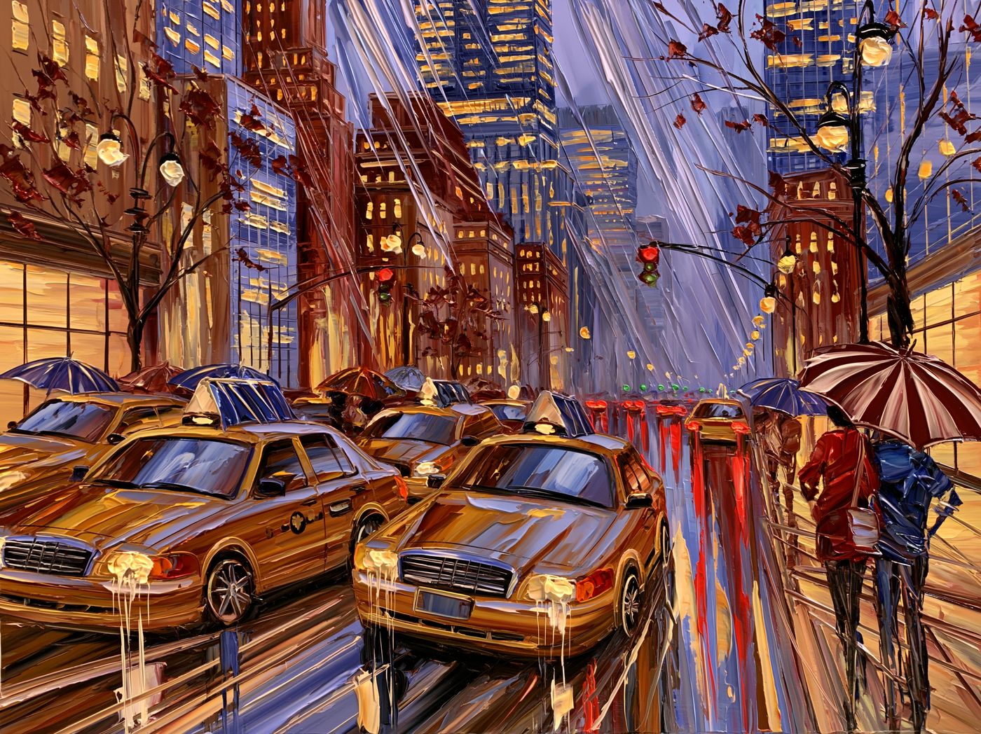 Palette-knife oil painting of Fifth Avenue New York in the rain at dusk, yellow cabs and umbrellas with long reflections on wet asphalt