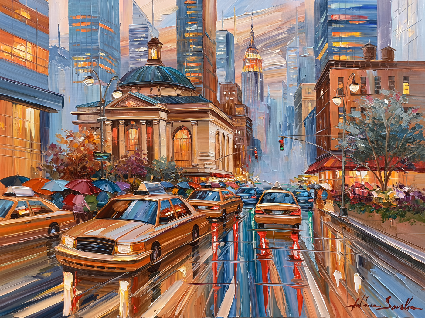 Palette-knife oil painting of Fifth Avenue New York in the rain at dusk, yellow cabs and umbrellas with long reflections on wet asphalt