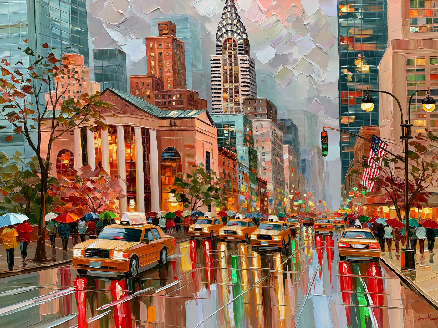 Palette-knife oil painting of Fifth Avenue New York in the rain at dusk, yellow cabs and umbrellas with long reflections on wet asphalt