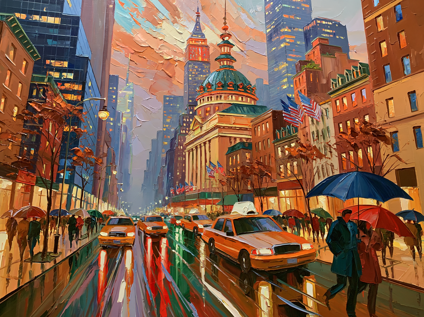 Palette-knife oil painting of Fifth Avenue New York in the rain at dusk, yellow cabs and umbrellas with long reflections on wet asphalt