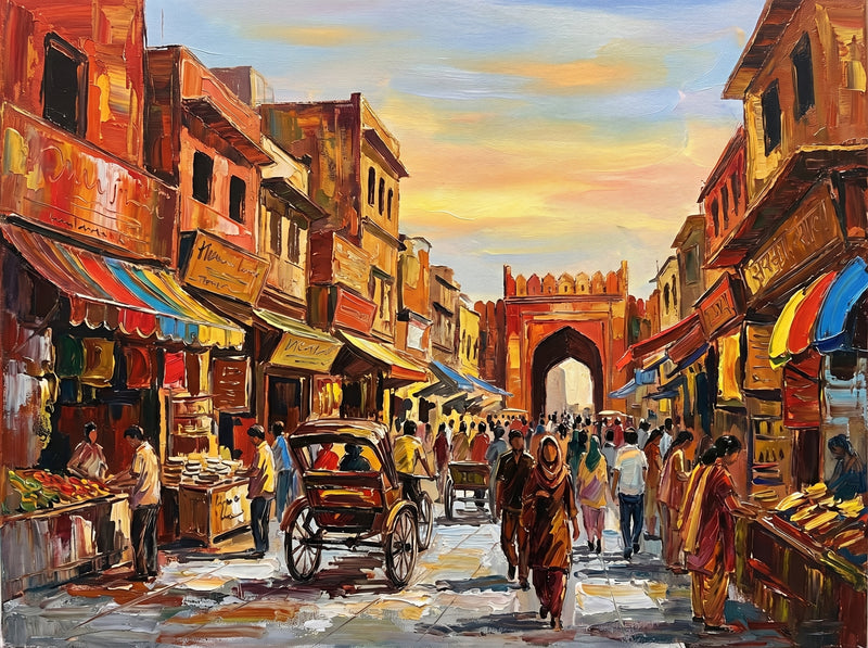 Palette-knife oil painting of Chandni Chowk Old Delhi, a crowded bazaar street with a cycle-rickshaw, striped stall awnings and a red Mughal gate at the end under a gold sky
