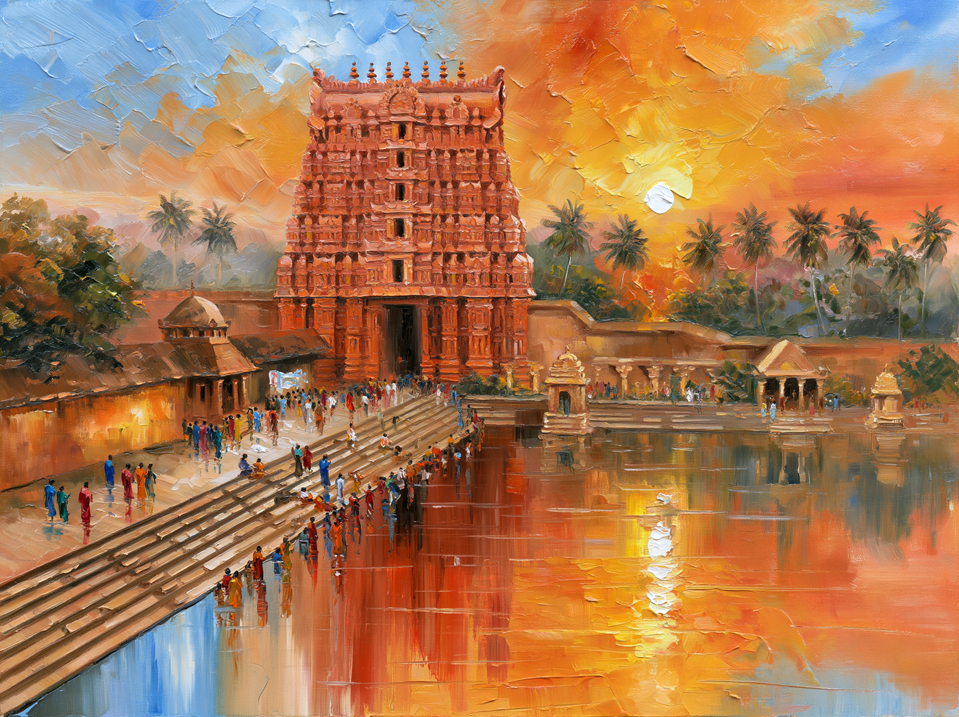Palette-knife oil painting of the Padmanabhaswamy temple gopuram reflected in its stone tank at dawn, devotees on the steps and coconut palms behind