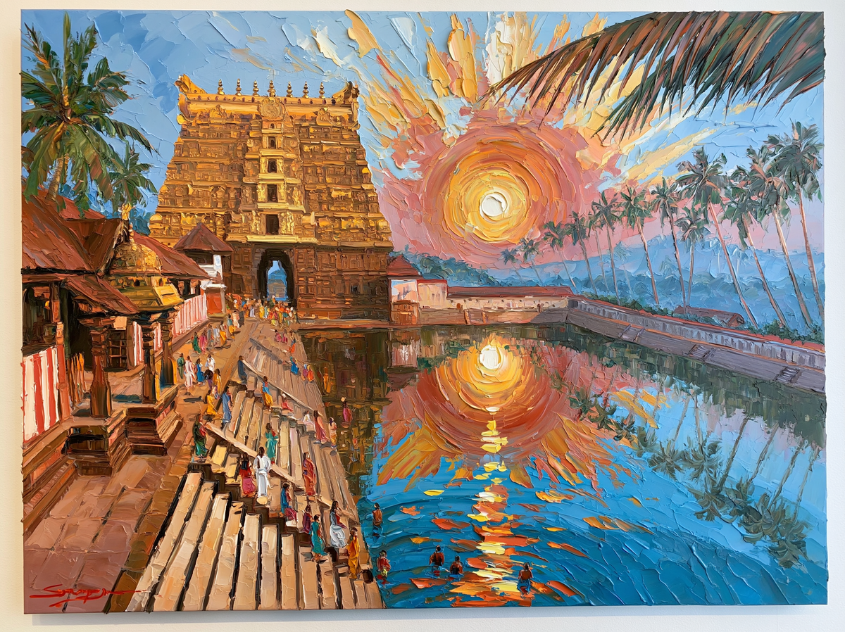 Palette-knife oil painting of the Padmanabhaswamy temple gopuram reflected in its stone tank at dawn, devotees on the steps and coconut palms behind
