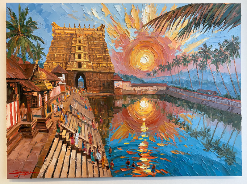 Palette-knife oil painting of the Padmanabhaswamy temple gopuram reflected in its stone tank at dawn, devotees on the steps and coconut palms behind