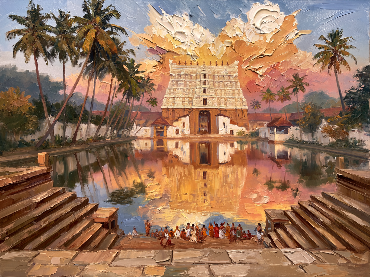 Palette-knife oil painting of the Padmanabhaswamy temple gopuram reflected in its stone tank at dawn, devotees on the steps and coconut palms behind