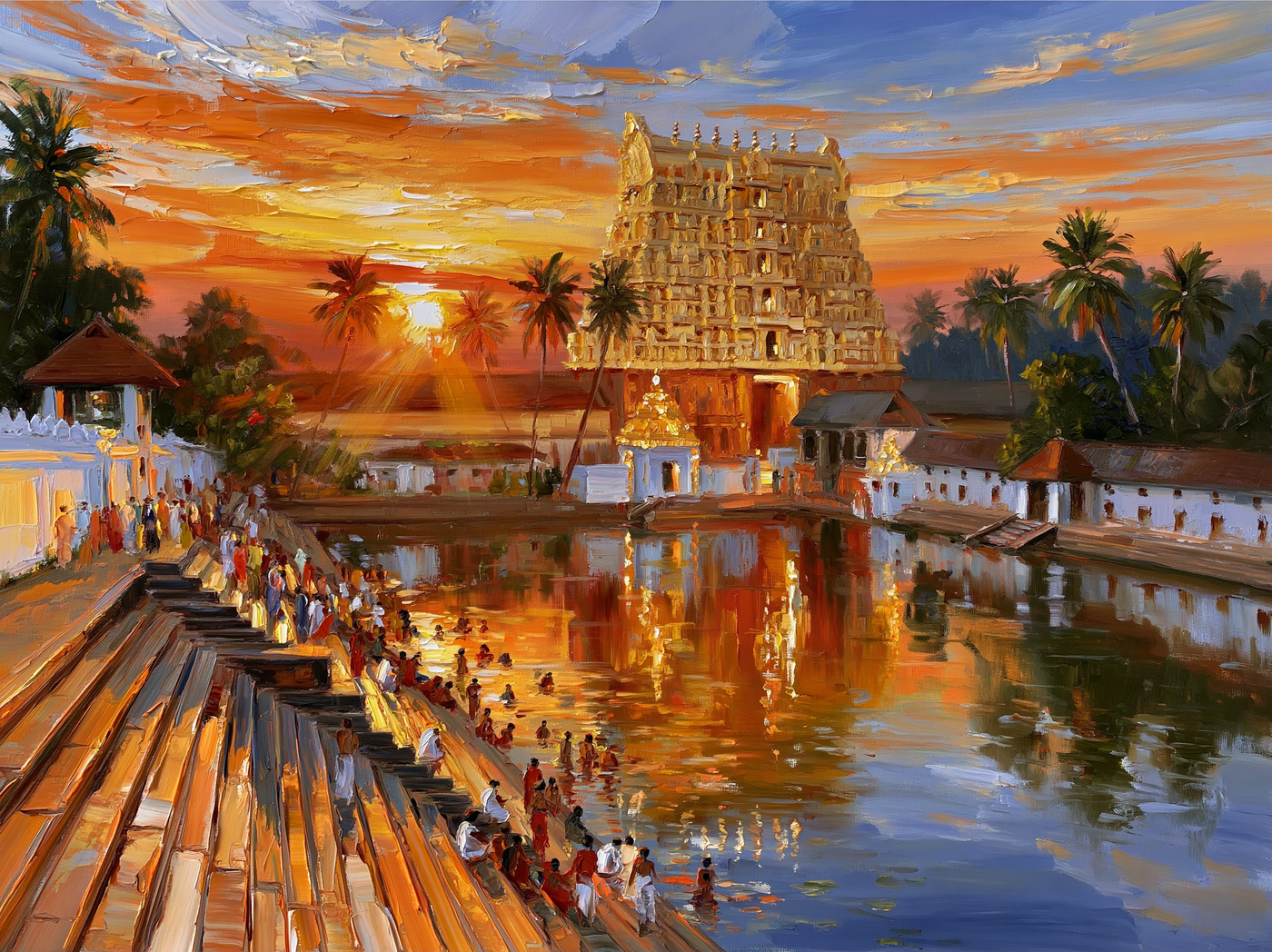 Palette-knife oil painting of the Padmanabhaswamy temple gopuram reflected in its stone tank at dawn, devotees on the steps and coconut palms behind