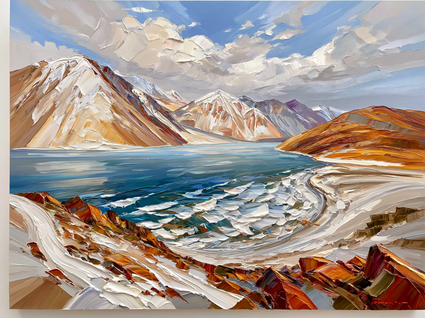 Palette-knife oil painting of Pangong Tso in Ladakh, a band of cold turquoise and deep blue water below bare ochre and violet mountains