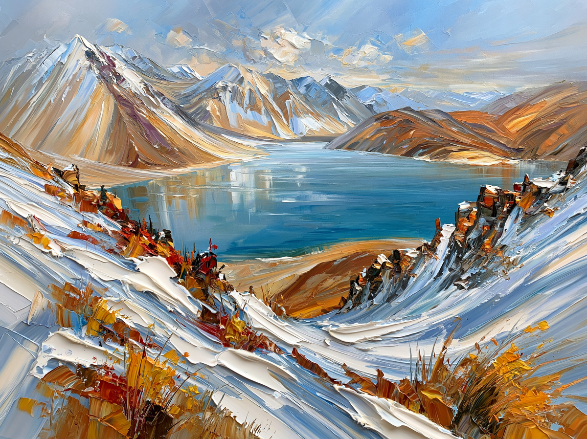 Palette-knife oil painting of Pangong Tso in Ladakh, a band of cold turquoise and deep blue water below bare ochre and violet mountains