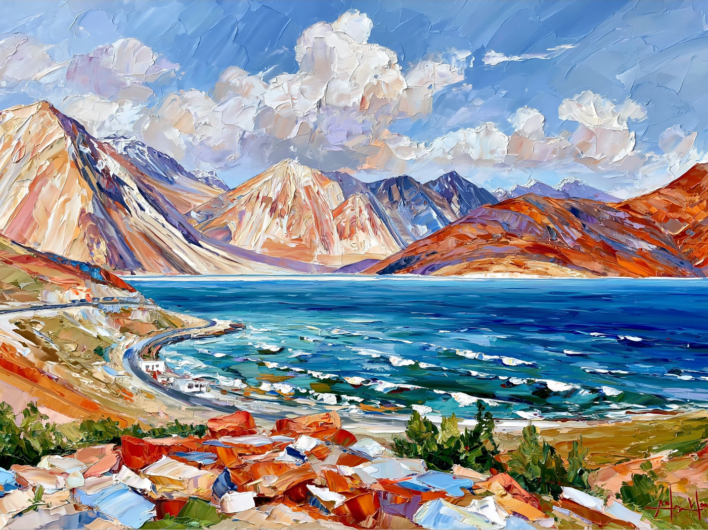 Palette-knife oil painting of Pangong Tso in Ladakh, a band of cold turquoise and deep blue water below bare ochre and violet mountains
