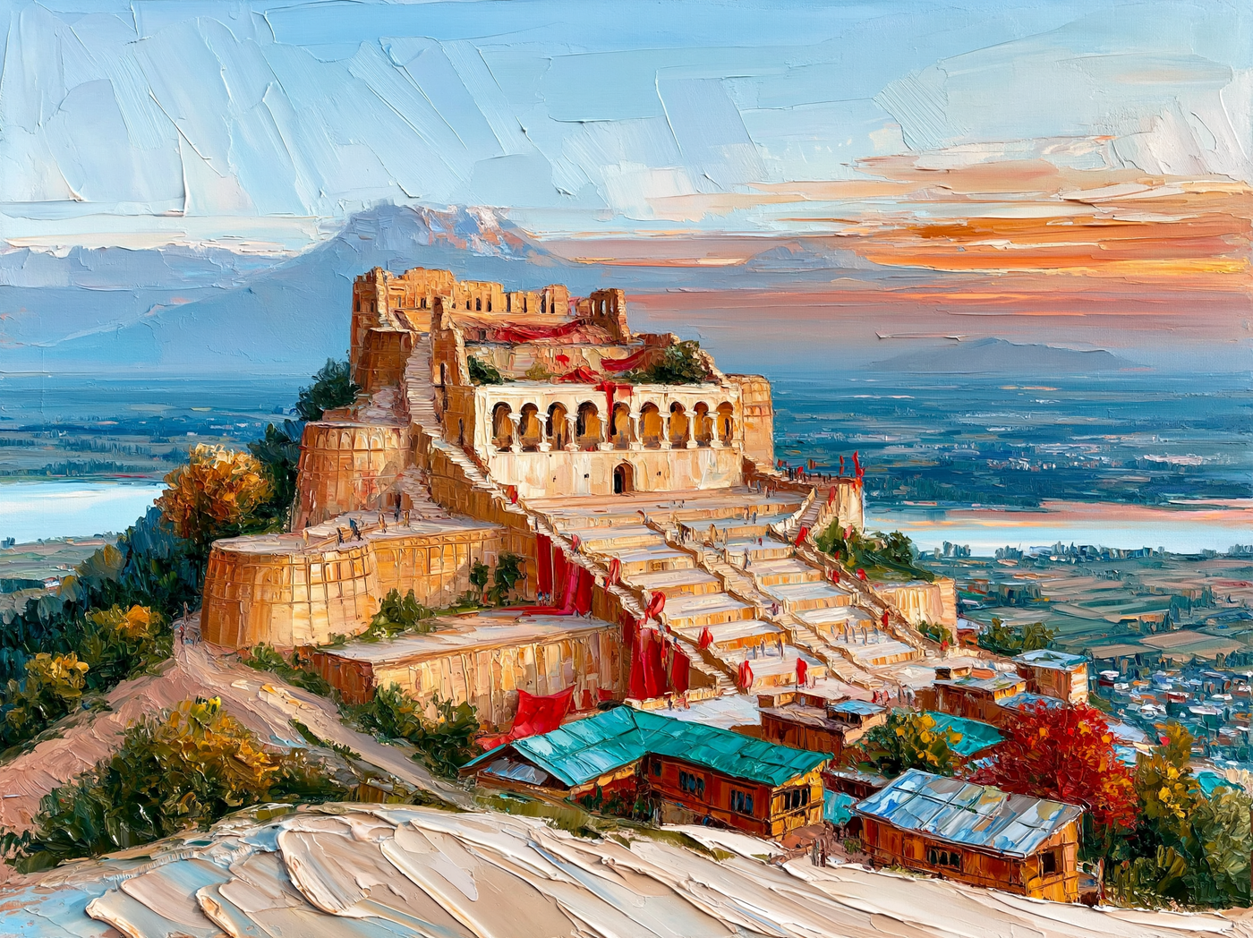 Palette-knife oil painting of the arched stone terraces of Pari Mahal above Srinagar, evening haze over the valley and lake below